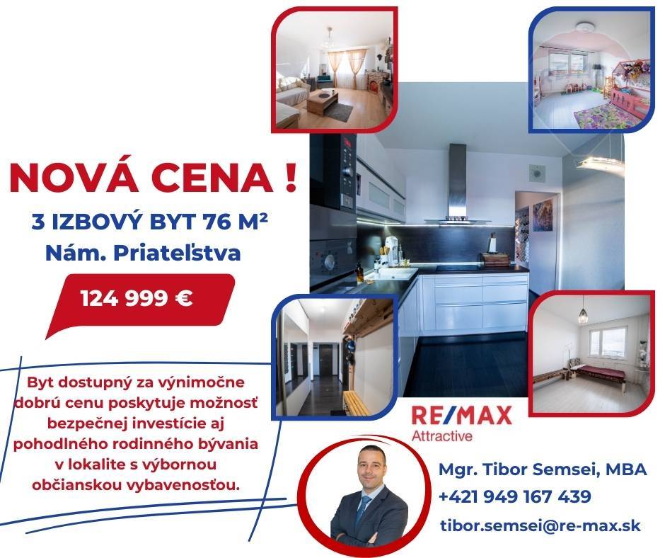 Na predaj priestranný 3 izbový byt, Nám. Priateľstva