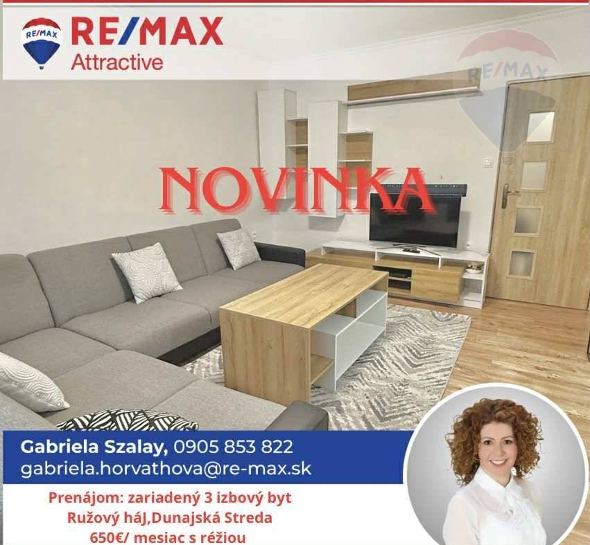 PRENÁJOM: 3 izbový, zariadený byt, Ružový háj, CENTRUM MESTA DUNAJSKEJ STREDY!